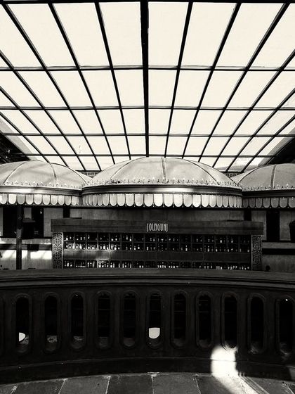 A symmetrical, head-on view of the bar's domed canopies from the upper level. The black and white format accentuates the geometric patterns and architectural details.