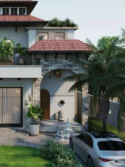 The entrance of our upcoming Spanish-inspired villa at Silver Oaks, Gurgaon. The design features a beautiful stone-clad archway, a red-tiled roof, and a small water fountain, capturing the essence of Mediterranean aesthetics.