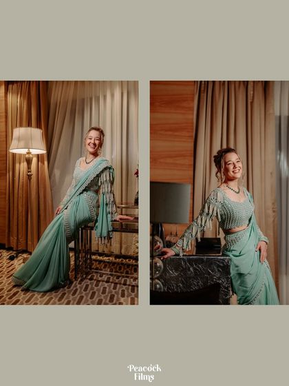 A diptych of the bride's portraits from the cocktail evening. Her radiant smile and elegant poses in a beautiful sea-green saree capture her grace.