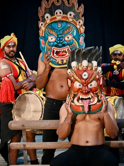 Here, our vibrant, hand-carved Nepali masks are brought to life by traditional Dollu Kunitha dancers from Karnataka. This is a celebration of cultural fusion, where the powerful energy of folk art protects and inspires.