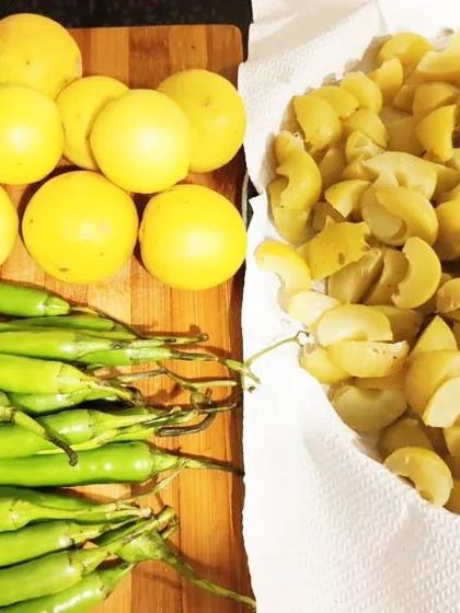 A top-down view of the fresh ingredients. The quality you see here is the quality you taste in our pickles.