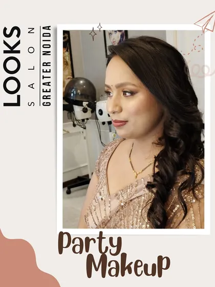 A side view of the soft party look. You can see the gentle contouring and the way the side-swept hair frames her face, creating a very flattering and sophisticated silhouette.
