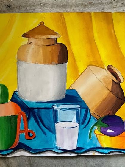 A still life painting by an intermediate grade exam student, showing a complex arrangement of objects with different textures and materials.