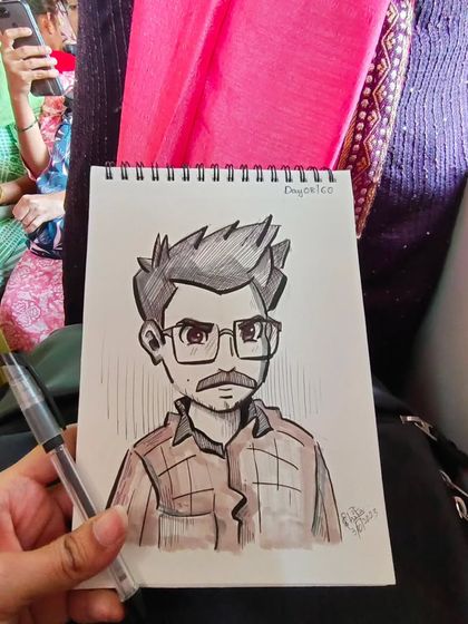 The same early caricature, shown in my sketchbook while traveling. Art can happen anywhere.