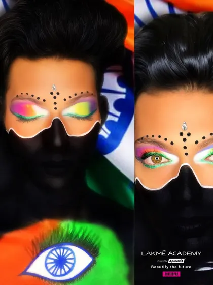 A creative, patriotic makeup look for Independence Day, demonstrating face painting and artistic expression.