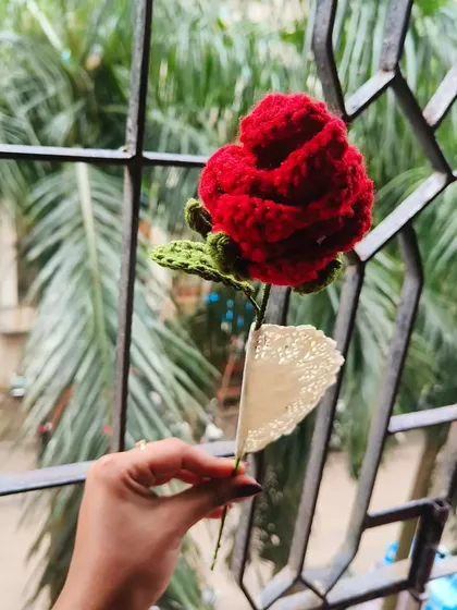 A single red crochet rose with a delicate doily wrap. It’s a classic and romantic gift, handcrafted to last.