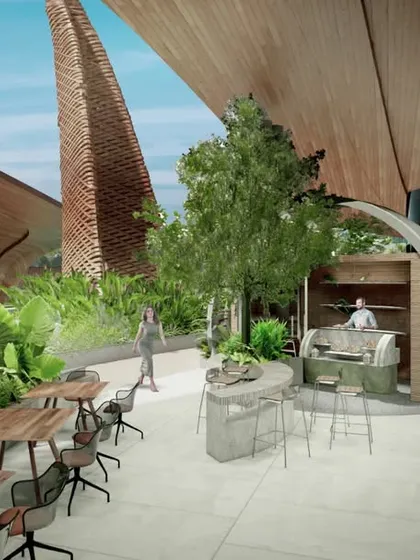 This render shows a proposed kiosk and seating area within the Cochin Airport. The design features contemporary forms and natural materials, set within a lushly planted environment that offers travelers a place to rest and unwind.