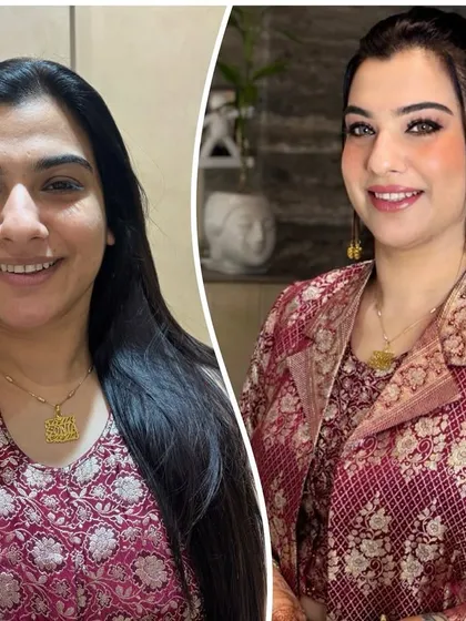 A stunning transformation for a party. We gave her a modern look with a chic ponytail, bold earrings, and makeup that highlights her sharp features.