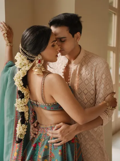 A romantic moment from Shubhangi and Mayank's Haldi. The makeup was kept fresh, waterproof, and minimal to let her natural joy shine through during the fun filled celebrations, while still looking polished for the camera.