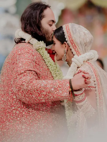 A tender moment of love and blessing. Anant kissing Radhika's forehead after the ceremony is a simple yet profoundly emotional gesture that speaks volumes about their bond.
