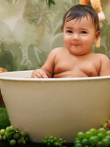 After the cake smash comes the tub splash! A happy baby enjoys a warm bath in a jungle-themed setup.