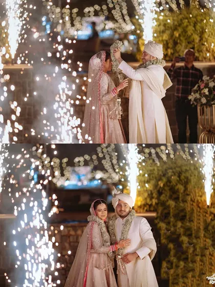 A collage of the varmala ceremony with fireworks, capturing the grand and joyous moment from multiple angles.