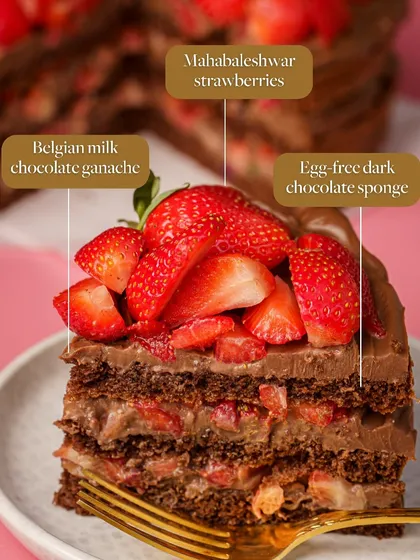 A breakdown of my Milk Chocolate Strawberry Layer Cake. It features an egg-free dark chocolate sponge, Belgian milk chocolate ganache, and fresh Mahabaleshwar strawberries.