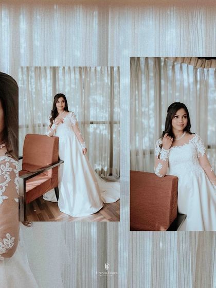 A collage of a bride in her elegant white wedding gown, capturing her beauty from different angles.