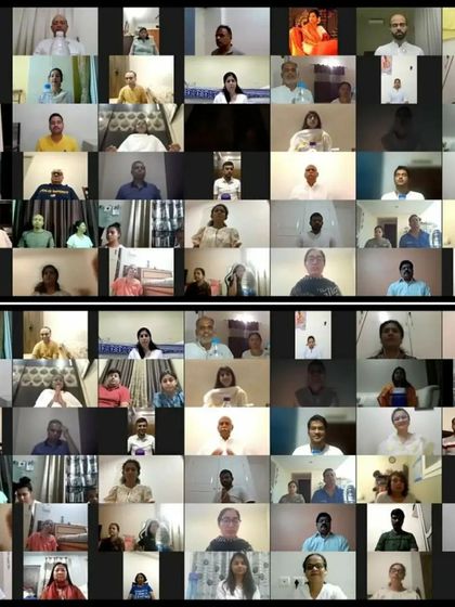 A large collage of screenshots from the Pancha Bhuta Shudhhikaran Kriya virtual event, showcasing the significant number of participants who joined us for this deep purification process.