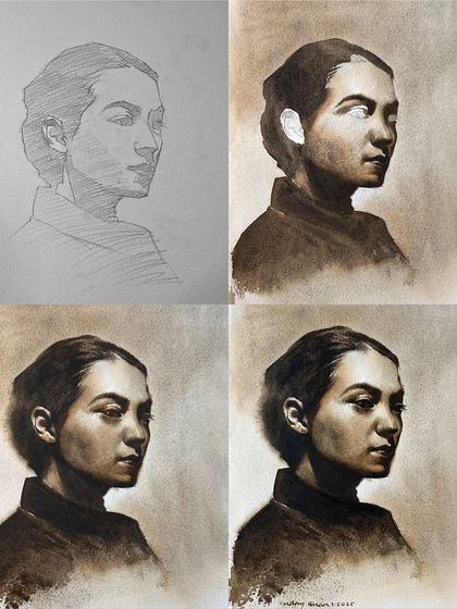 A four-panel grid showing the process of a monochrome portrait, from the initial sketch to the final value study. This is a great way to visualize the painting process.
