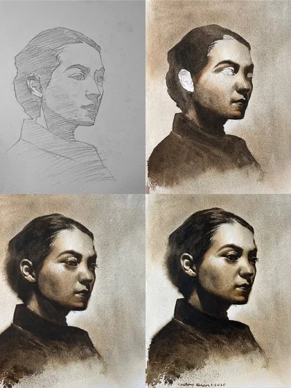 A step-by-step collage of the value study, from the initial drawing to the finished, layered painting.
