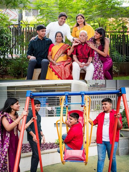 A fun-filled family shoot, showing grandparents with their children and grandchildren, both posing and playing on a swing set.