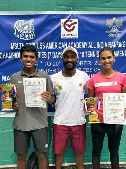 Our U-18 champions, Pradyumna Tomar and Anandi Bhutada, with their coach after both winning their respective events at the All India Championship Series in Mumbai.