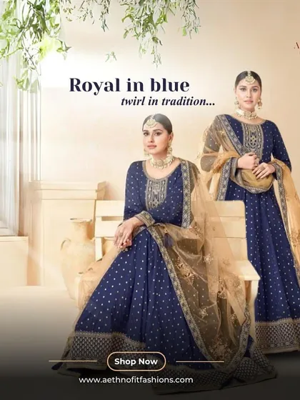 This navy blue Anarkali is pure royalty. I used Taffeta with heavy thread and zari work to create a look that's both grand and graceful, perfect for making a statement at any family celebration.