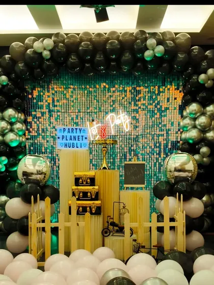 This setup shows a custom lightbox with my "Party Planet Hubli" branding. The black and silver balloon theme is versatile and works well for birthdays, anniversaries, or corporate events.