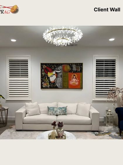 When art finds its perfect space, it becomes a statement. This powerful painting is the centerpiece of a modern, elegant living room, reflecting the client's bold taste and our curatorial guidance.