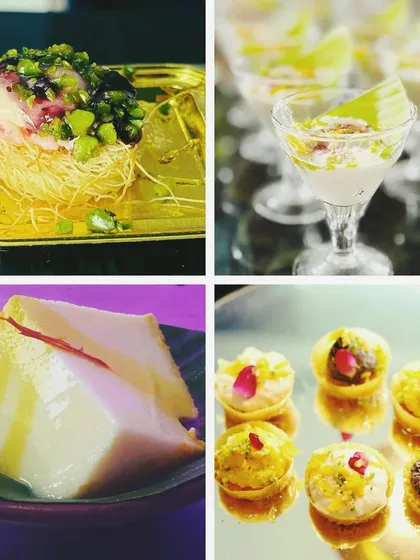 This collage shows the variety in my dessert offerings. It features a fusion Kataifi dessert, a creamy pannacotta, a traditional Sandesh, and assorted mini tarts, highlighting my ability to cater to diverse palates.