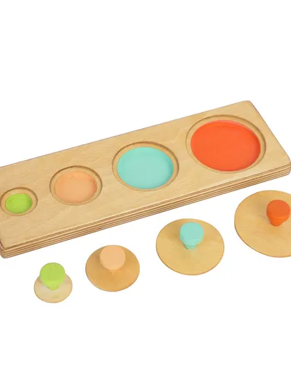 A wooden puzzle with the pieces removed and placed next to their slots, demonstrating how it works.