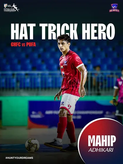 A graphic celebrating Mahip Adhikari's hat-trick in the second group stage match.