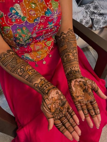 A beautiful bridal design featuring a varmala scene on one palm and a groom on an elephant on the other, telling a complete wedding story.