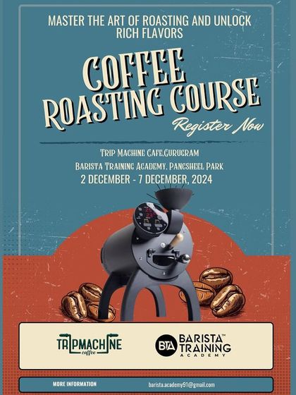 We've partnered with Trip Machine Cafe to offer an exclusive Coffee Roasting Course. This poster details the program, which runs from December 2nd to 7th, for those looking to master the art of roasting.