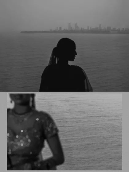 A black and white collage featuring a silhouette of the bride against the sea and a blurry detail shot. These artistic images create a moody and poetic narrative.