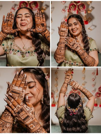 A collage of the bride playfully showing off her beautiful, intricate Mehendi designs.