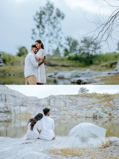A two-part collage showing a couple at a quarry. The top image is an intimate embrace, while the bottom shows them sitting by the water, creating a sense of peace and togetherness.