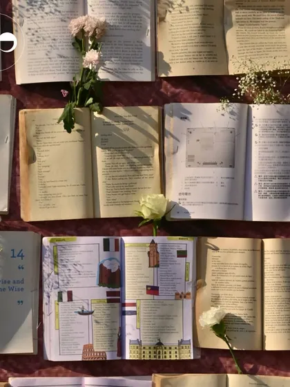 Another detail from the book wall, showing how different types of books and flowers were used to create texture and visual interest.