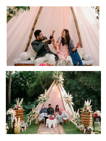 Your Mehendi should be a whole mood. We designed this relaxed, boho-chic celebration with a cozy teepee lounge, pampas grass, and earthy textures, creating the perfect chill vibe for an intimate gathering with loved ones.