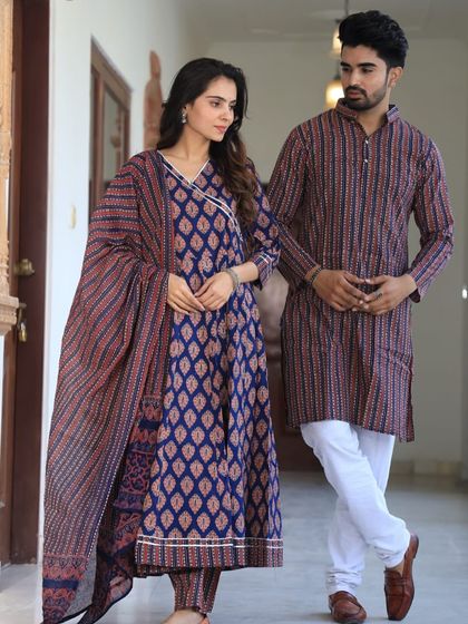 A coordinated ethnic set in a unique striped and bootidar print combination. The outfits are made from 100% super dying cotton fabric, ensuring long-lasting color and comfort.