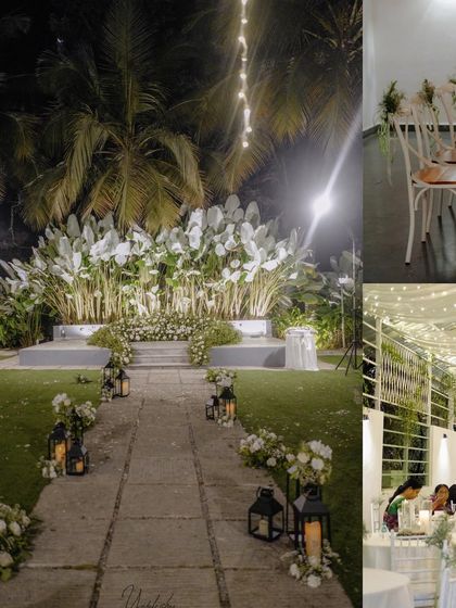 A collage of a night-time wedding reception. The images show the beautifully lit stage, the elegant dining setup, and the romantic ambiance created by lanterns and fairy lights.