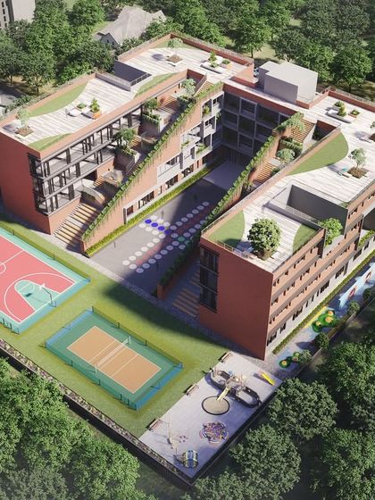 An aerial render of the MG Suncity School, showing how the building form creates protected play areas and integrates green roofs.
