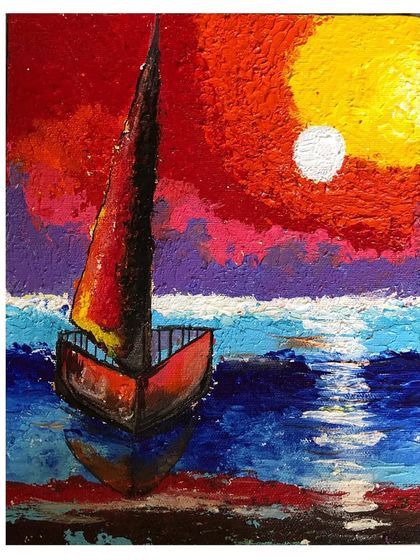 A close-up of the finished knife painting of a boat at sunset. The thick texture of the paint captures the movement of the water and the warmth of the sun.