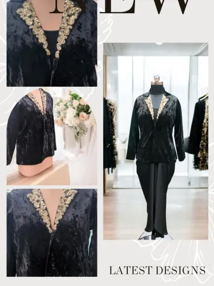 A black velvet blazer with hand-embroidered lapels is a versatile and luxurious piece. It can be styled in many ways for both formal and semi-formal occasions, adding a touch of sophistication to any outfit.