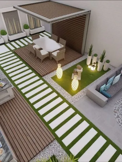 A modern backyard concept with distinct zones for dining, lounging, and relaxing by a fire pit. The design uses a clean geometry of decking, turf, and pavers to create a sophisticated and highly functional space.