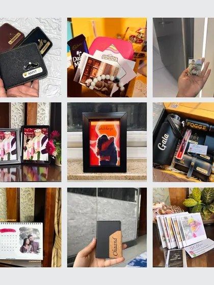 Just a glimpse of the different personalized items I can create for you. This collage shows a variety of products, including custom wallets, photo frames, and a complete gift hamper, highlighting the range of my creative services.