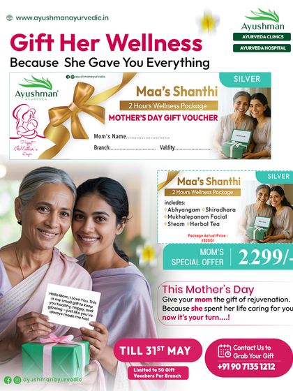 Gift your mother the wellness she deserves with our 'Maa's Shanthi' Mother's Day gift voucher. This Silver package offers a 2-hour wellness experience including Abhyangam, Shirodhara, and a Mukhalepanam facial.