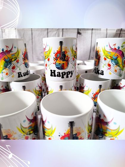 A large order of personalized music-themed mugs, ready to be packed for a party. The design features colorful musical notes and a guitar.