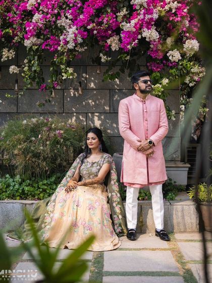 A beautiful collection of photos from Disha and Sumanth's pre-wedding shoot. Her makeup is soft and romantic, perfect for these candid and posed shots in a lovely garden setting.