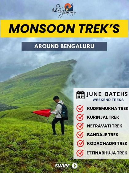 A poster announcing our weekend monsoon treks for June, including Kudremukha, Kurinjal, Netravati, and more.
