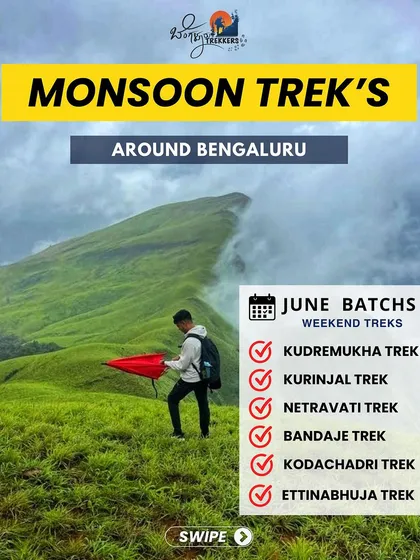 A poster announcing our weekend monsoon treks for June, including Kudremukha, Kurinjal, Netravati, and more.