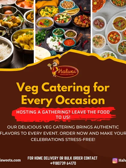 We offer complete vegetarian catering solutions for every event you can imagine. This collage shows the variety we bring, from full thalis and rich curries to fresh salads, ensuring a memorable feast for all your guests.