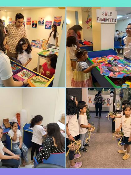 Scenes from the exhibition, including the busy sale counter and young attendees exploring the art. It's a lively and engaging event for all ages.